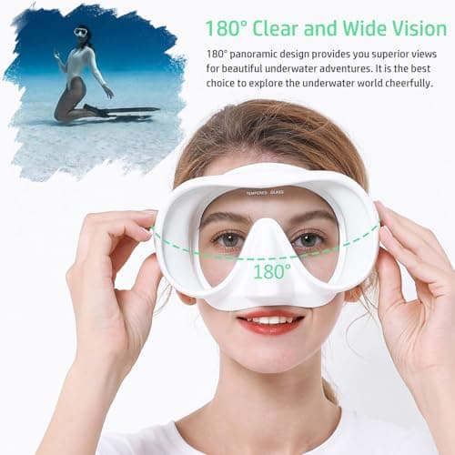 HINATAA Snorkel Set Adults, Fashionable Macaron Colors Frameless Snorkeling Mask, Ultra Wide View Anti-Fog Snorkel Mask Set, Portable Professional Diving Snorkeling Set (White) — view 4