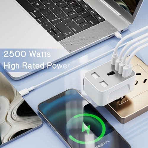 Herfair UK to European Plug Adapter,UK to EU Adaptor with 3 USB A & 1 USB C Ports,5 in 1 EU Grounded Europe Power Euro Plug for Spain France Iceland Germany Greece Poland(Type E/F) Gray — view 5