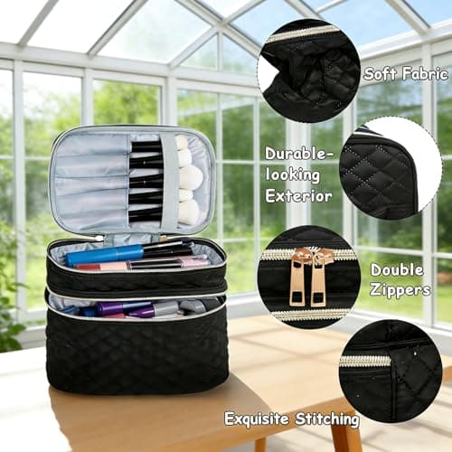 Double Layer Makeup Bag Cosmetic Bags for Women, Make Up Travel Bag - Black — view 4
