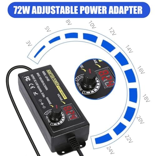 3A 72W Universal Power Supply Adapter: Adjustable Variable AC/DC Adapter Charger 100V-240V AC to DC 3V~24V Converter with LED Voltage Display 14 Tips and Polarity Converter for Electronics (Black) — view 2