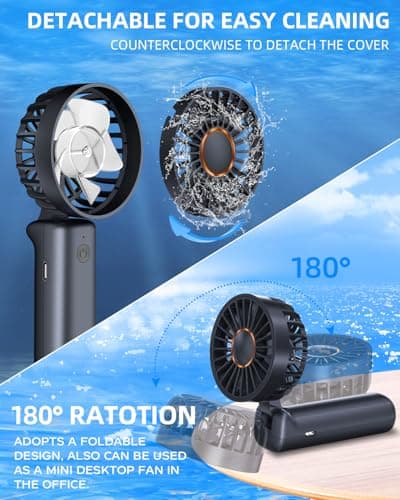 Hssio Portable Handheld Fan, Mini Desk Fan Foldable 1800mAh, 180° Ratotion, 3 Speeds, Ultra Quite, Up to 8H Long Use Time, Small Personal Cooling Fans Makeup Lash Fan for Women Girls, Dark Black — view 5