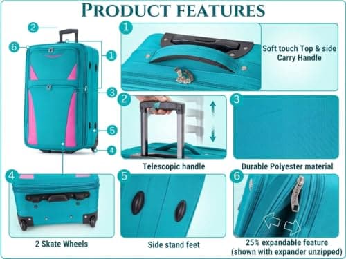 DK Luggage 26" Medium Lightweight Suitcases Expandable Trolley case with 2 Wheels DK16 (Aqua, 26" Medium) — view 6