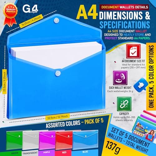 5 Assorted Color A4 Popper Wallets - Clear Plastic Paper Wallets for Document Storage and Office Organization Supplies - Lightweight Transparent Folders with Snap Closure — view 4