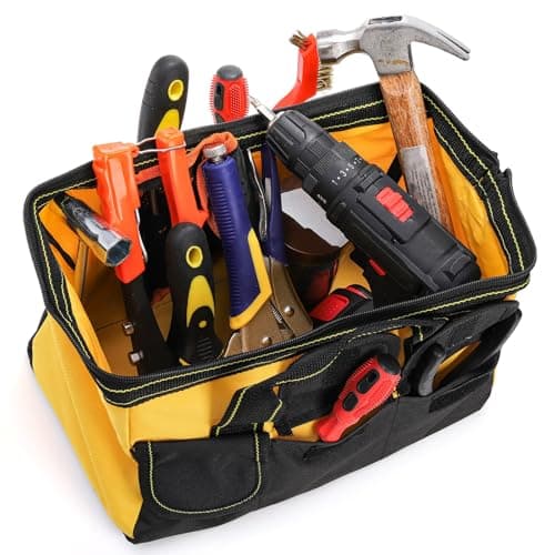 Mezchi 3 Pack 12"/ 30cm 5 Pockets Tool Bag, Wide Mouth Tool Tote Bags with Waterproof Base, Heavy Duty Tool Storage Bag Organizer for Home Repairs, Various Tools, Blue, Yellow, Red — view 6