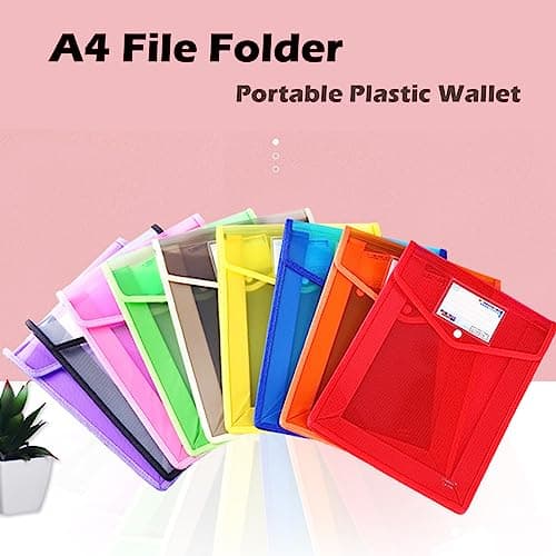 7 Pack A4 Plastic Wallets, Waterproof Popper Wallet Plastic Document Folder Premium Pockets Files Envelope for School Office Home, with Snap Closure, Large Capacity — view 6