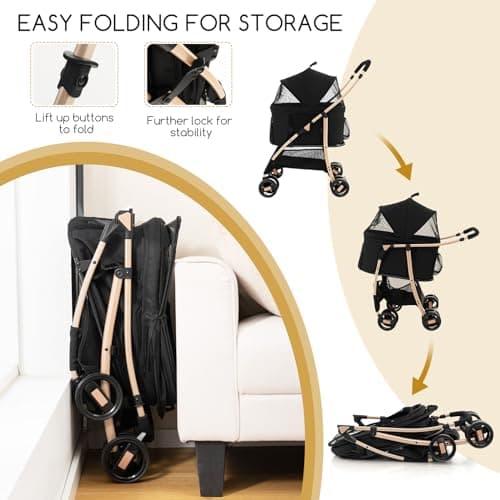 COSTWAY 3 in 1 Pet Stroller, Folding Dog Strollers with Detachable Car Seat Carrier, Adjustable Canopy, Storage Basket, 4 Wheels Travel Pushchair for Small Medium Dogs Cats (Black+Gold) — view 5
