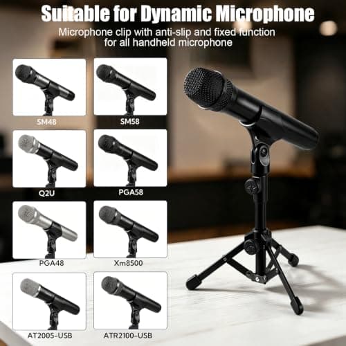 4 Pack Desk Mic Stand, Portable Foldable Tripod Microphone Stand with Mic Clip Holder, Adjustable Tabletop Stand for Blue Yeti, Snowball, Shure SM58, Dynamic & Condenser Microphones ﻿ — view 4