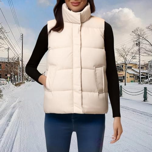 Cocila Womens Gilet Bodywarmer Puffer Vest Quilted Hooded Vests Button Down Sleeveless Casual Zip Up Padded Winter Coat (Beige, L) Navy Fleece Cream Women Cotton Thermal Tops Coats For Red Golf — view 2