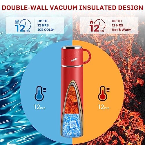 Stainless Steel Water Bottle, Leakproof Thermal Travel Mug with Lid & Handle, 550ml Double Walled Vacuum Flask, BPA Free Reusable Drink Bottle Coffee Cup Keep 12h Hot & Cold for Gym Office Outdoor,Red — view 4