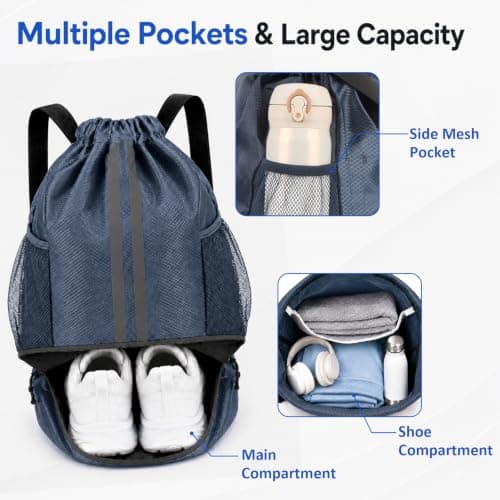 Waterproof Drawstring Bag, PE Kit Bag with Shoe Compartment Navy Blue — view 5