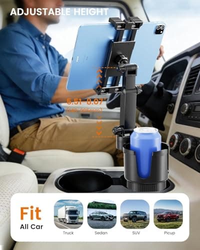 OHLPRO Cup Holder Tablet Mount for Car, Anti-Shake iPad Stand with Drink Holder Fits 5-17" iPad, Tab S10, iPhone, Heavy Duty Truck Vehicle Auto Accessories, Dual Handle Slots Large Mugs — view 4