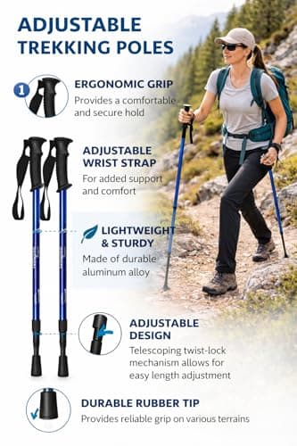 2 x Adjustable Hiking Trekking Poles (65cm–135cm) with Anti-Shock System, Ergonomic PVC Grip, Mud Basket & Durable Rubber Tip – Lightweight Aluminum Walking Poles for Hiking, Trekking & Outdoor Trails — view 2