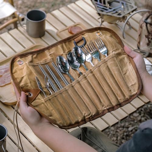 Zerodeko Portable Camping Cutlery Bag Folding and Lightweight Utensils Organizer Pouch with Multi-pocket Canvas Design for Outdoor Camping and Hiking Storage — view 5