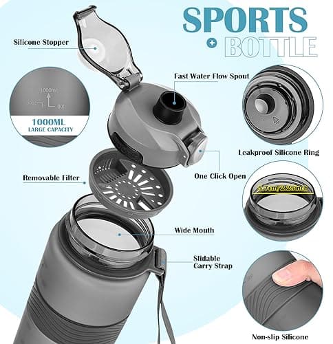 CodiCile Water Bottle, BPA Free 1l Water Bottle Leak Proof Drinks Bottle, Large Sports Bottle Great for Gym, School, Office and Travel (Dark Gray) — view 3