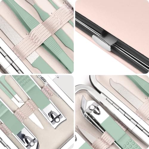 URAQT Professional Manicure Set, 7 pcs Portable Nail Clippers & Eyebrow Grooming Kit, Stainless Steel Nail Care Tools with Luxurious Leather Case for Travel & Home（Green） — view 3