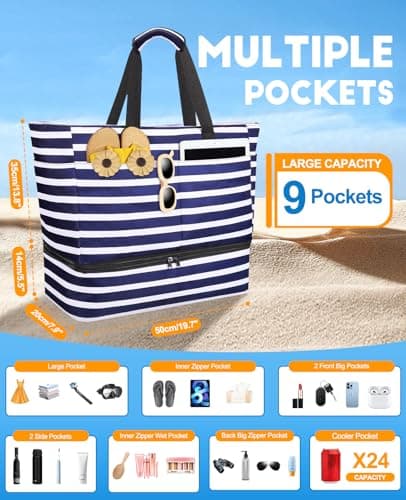 ISEYOU Beach Bag with Cooler, 49L Large Family Beach Tote with Zipper, Waterproof Sandproof Beach Bags for Women and Men, Foldable Lightweight Travel Bag for Pool, Picnic, Gym — view 6