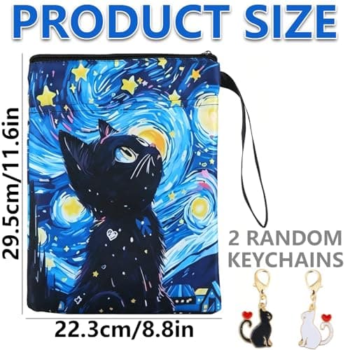 LHLZNB 3PCS Starry Night Black Cat Book Pouch Set, Waterproof Book Sleeve 22.3x29.5cm with 2 Alloy Cat Keychains Black White Heart for Book Lovers — view 5