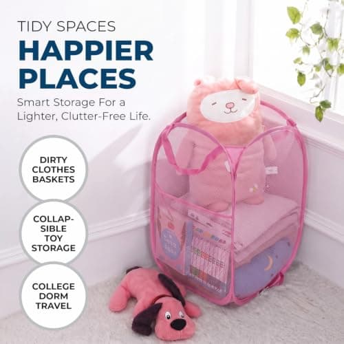 HOMESHOPA Laundry Baskets Pop Up Mesh Washing Bag, Pink Foldable Dirty Clothes Baskets with Handles&Side Pocket, Collapsible Toy Tidy Storage Organiser, Great for Kids Room, College Dorm Travel — view 5