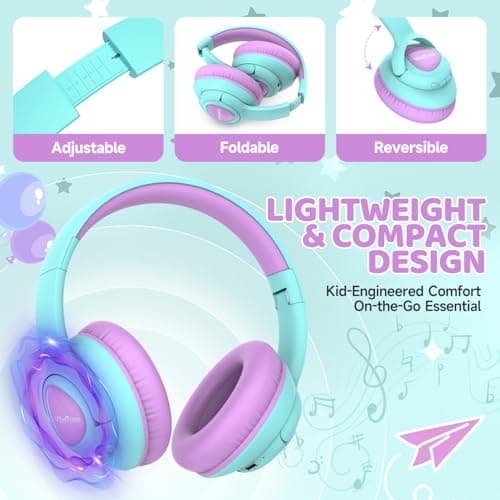VibeTune Kids Bluetooth Headphones, 60H Playtime, Volume Limited 85/94dB, Bluetooth 5.4, Type-C Fast Charging, Foldable Wireless Headphones for Kids, Toddler Headsets with HD Mic (Purple) — view 4