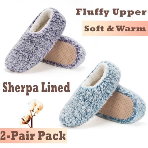 Cozylook 2-Pair Slipper Socks for Women Non Slip Soft Sole Slippers, 2-pk Fuzzy Sherpa (Purple & Teal), 11-12 — view 4