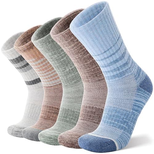 ANTSANG Unisex Merino Wool Hiking Walking Socks for Men Thermal Warm Winter Thick Cozy Crew Socks Stocking Stuffers 5 Pairs(Brown,3-7)