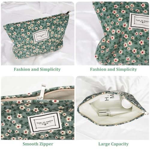 Aucuu Cosmetic Bags for Women, Small Floral Canvas Cosmetic Bag, Rose Flower Printing Corduroy Toiletry Bag, Multifunctional Travel Makeup Bag with Metal Zipper for Women Girls Gift - Green Flower — view 3