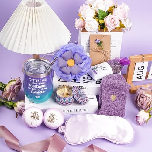 Pamper Birthday Gift for Women - Lavender Bath Spa Package for Her Relaxation Self Care Hampers Unique Skin Care Birthday Presents Set with Bath Bombs, Candles for Best Friend Mom Wife Bestie Auntie — view 3