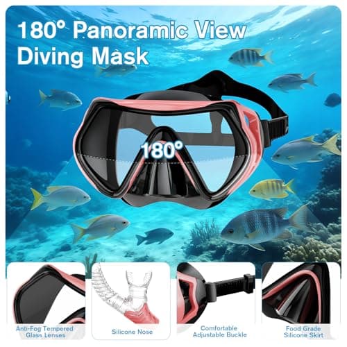 BuyCard Snorkel Mask,180 Degree Panoramic View Dry Top Snorkeling Gear，Safe Anti-Leak Anti-Fog Diving Mask, Snorkel Set and Swimming Goggles (Pink) — view 4