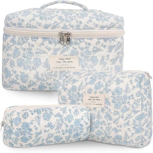 MerwDeeyt 3 Pcs Cotton Makeup Bags Blue Large Capacity Toiletries