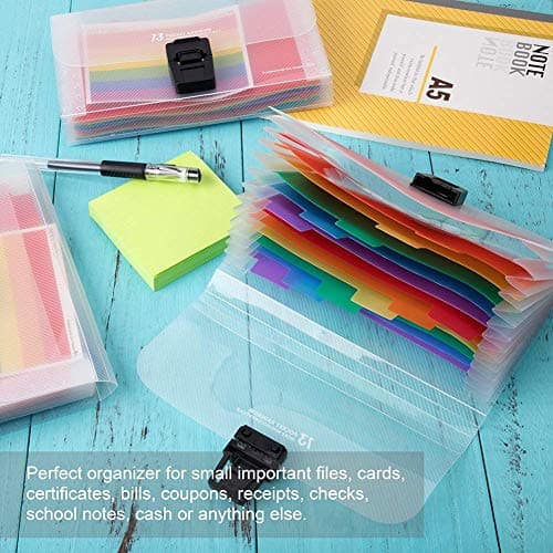 4 Pack Mini Document File A6 7.1 x 4.45 x 1.1 Inch Rainbow Expanding Folder 13 Pocket File Organizer 12 Labels Index — view 5