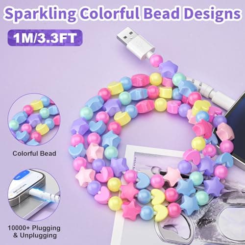 Coolden for iPhone Charger Cable 1M 66W 3A Fast Charging Phone Charger Cables Cute Stars Beaded Girls Women iPhone Charging Cable for iPhone 14 13 12 11 Pro Max XS XR X 8 7 6, iPad and iPod-Colorful — view 6