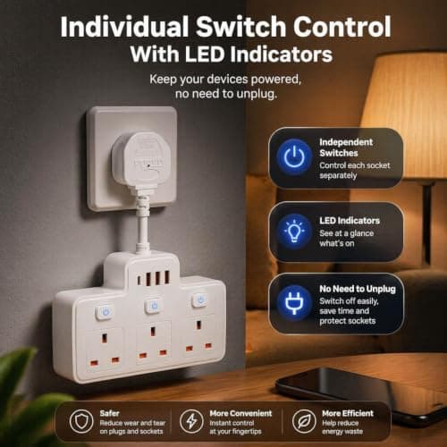 Multi Plug Extension, Short Extension Lead, 3 Way 4 USB Plug Adapter — view 4