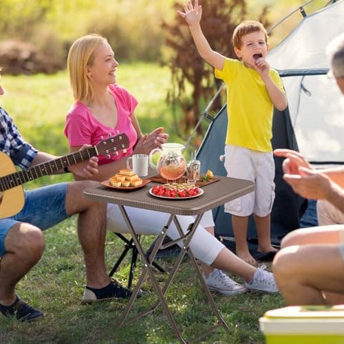 COSTWAY Folding Picnic Table, Portable Square Camping Trestle Table with HDPE Top & Metal Frame, Outdoor Indoor Use for Kitchen Garden Patio BBQ (Brown Rattan Textured Top, 60 x 60 x 72cm) — view 2