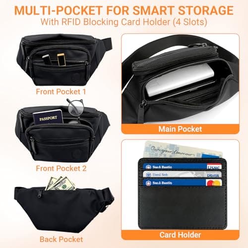 YINKIGI Black Bum Bag, Waterproof Bumbags for Ladies & Men with Card Holder — view 3