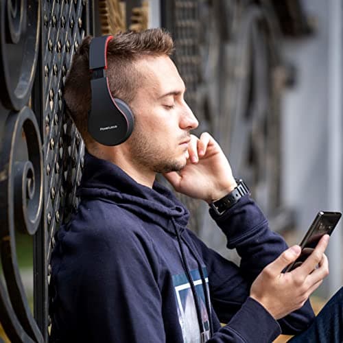 PowerLocus Wireless Bluetooth Over-Ear Stereo Foldable Headphones, Wired Headsets Noise Cancelling with Built-in Microphone for iPhone, Samsung, LG, iPad (Black/Red) — view 5