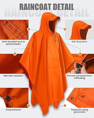 Evolpor Poncho Waterproof Adult, Rain Poncho Adult Waterproof Lightweight Reusable Adult Waterproof Poncho, Waterproof Rain Poncho for Outdoor Camping Hiking Traveling Cycling Deep Orange — view 4