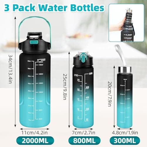 Weal4All 3 Pack Sports Water Bottles with Straws and Handle, 2L Large Plastic Drinking Bottle for Kids Adults Gyms School Home Office Outdoors, BPA Free & Leakproof — view 3