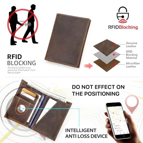 CONTACTS Full Grain Leather Airtag Passport Holder RFID Blocking Travel Passport Wallet Passport Cover for 2 Passports, 2 Card Slots, 1 Cash Slot (Coffee, UK-Badge) — view 2