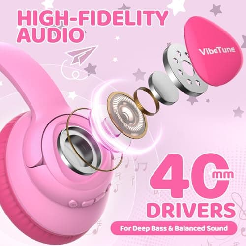 VibeTune Kids Bluetooth Headphones, 60H Playtime, Volume Limited 85/94dB, Bluetooth 5.4, Type-C Fast Charging, Foldable Wireless Headphones for Kids, Toddler Headsets with HD Mic (Pink) — view 3
