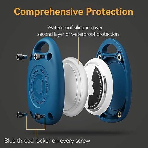 (4 Pack) AirTag Keychain Holder Case | IPX8 Waterproof, Ultra-Compact | Portable Air Tag Holder Cover for Dog Collar, Backpack, Keys, Luggage - 2 Black/2 Blue — view 4