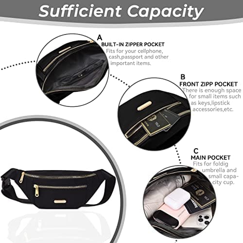Alviller Fanny Pack Fashionable Waist Bag Casual Travel Bum Bag with 3 Zipper Pockets for Women Men Sports Running Hiking Jogging (Black) — view 4