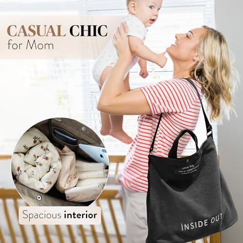 UNLOCKCUP Large Canvas Tote Bag for Women 3 Small Inside Pockets-Vintage Crossbody Handbag for Work, Beach, Travel-16oz Cotton, Black, One Size — view 6