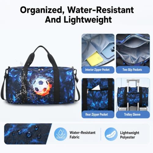 Kids Duffle Bag Girls Overnight Travel Sport Gym Bag Weekender Carry On Shoulder Bag with Shoe Compartment & Wet Pocket, Football Black Blue, L, Kids Duffle Bag — view 5