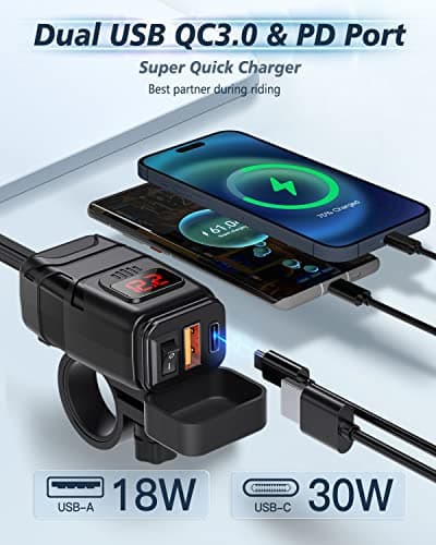 EXTRACTME Motorcycle Phone Charger, 6.4A Dual USB Type C PD & Quick Charge 3.0 Motorcycle USB Charger with Voltmeter & ON/Off Switch, Waterproof Motorcycle Accessories for Phone, Tablet, GPS, etc — view 2