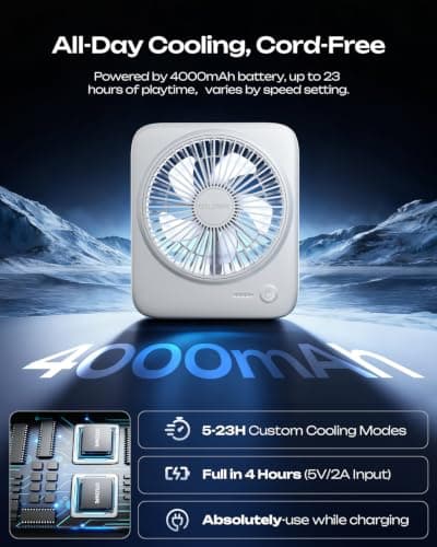 Otlonpe Portable Desk Fan, 4000mAh Small Rechargeable Quiet Personal Fan Battery-Operated & USB-Powered for Table, Travel, Bedroom, Sleeping, Office, Home Use, Cordless, 4-Speed, 6.5 Inches (White) — view 3