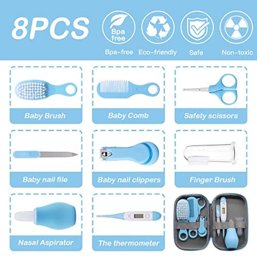 VicBou 8pcs Baby Grooming kit, Newborn Baby Care Accessories with Zipper Box, Baby Hair Nail Thermometer Care Set, Baby Healthcare Set for Newborn Infant, Toddler Girls & Boys (Blue) — view 2