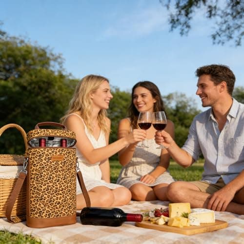 Kato Tirrinia Insulated Wine Cooler Bag Leakproof Padded Portable Wine Carrier with Shoulder Strap 2 Bottle Wine Bag for Camping Travel Beach Picnic Gift for Wine Lovers Leopard Printed — view 6