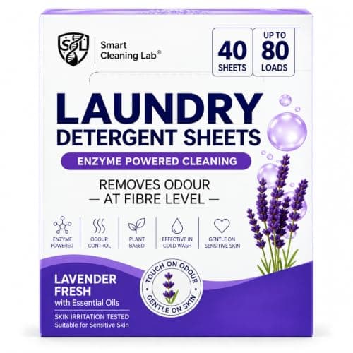 Smart Cleaning Lab® Laundry Detergent Sheets, 40 Sheets Up to 80 Loads, Enzyme Powered Odour Removal at Fibre Level, Effective in Cold Wash, Sensitive Skin Tested, Lavender Fresh.