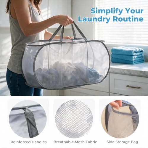Collapsible Mesh Laundry Hamper Pop Up 3 Compartments with Handles & Pocket — view 4