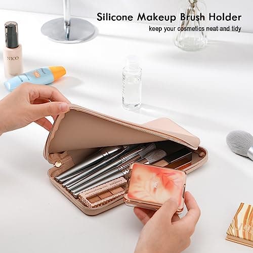 FVION Makeup Bag for Travel, Large Silicone Cosmetic Bag, Make Up Brushes Holder Case, Portable Makeup Organiser for Women Girls (Khaki) — view 4